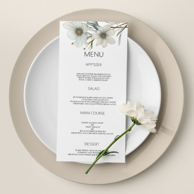 Menu de Casamento floral primavera verde de horta  (Simple white mint green spring floral Wedding Menu)