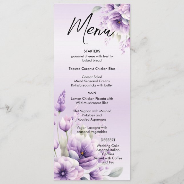 Menu de Casamento Floral Purple com Aquarela (Frente)