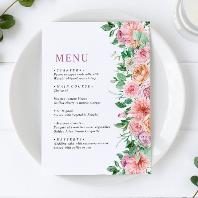 Menu de Casamento Floral Púrpura e Rosa Elegante (Criador carregado)