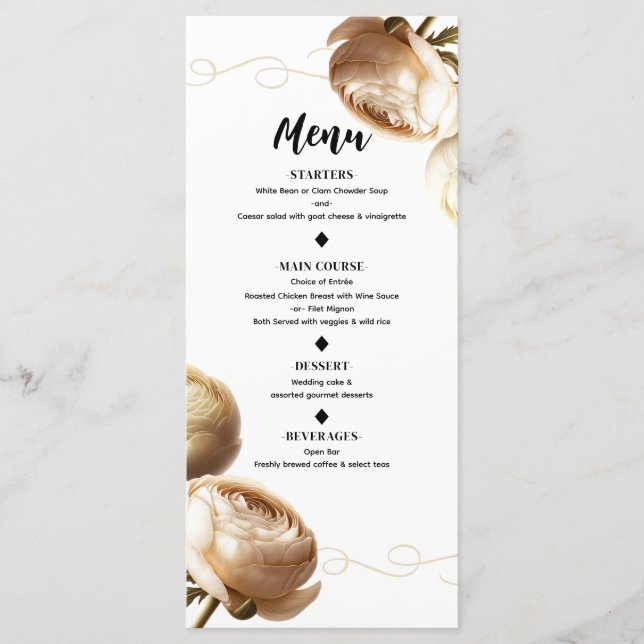 Menu de Casamento Floral Ranunculus Crame & Branco (Frente)
