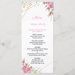 Menu de Casamento Floral Rosa com Moldura Dourada 