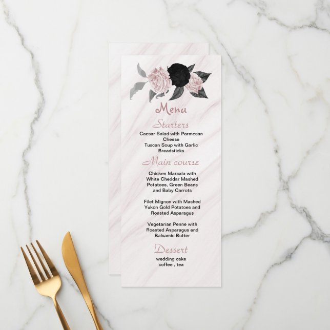 menu de casamento floral rosa e preto (Frente/Verso In Situ)