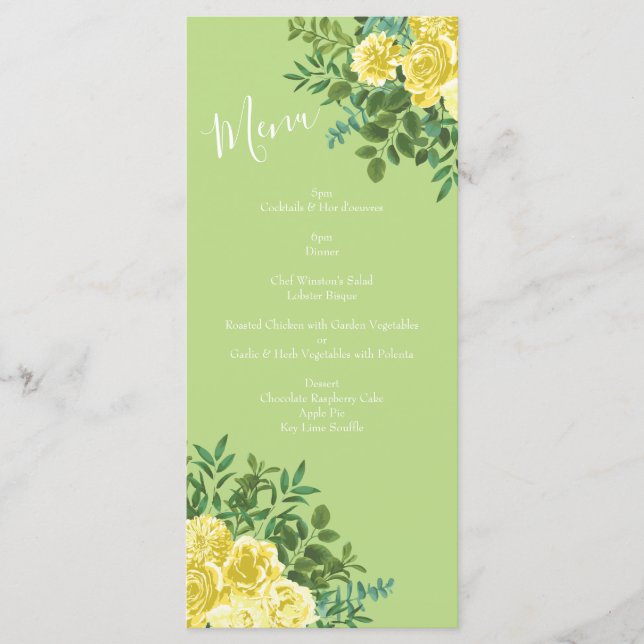 Menu de Casamento Floral Rosa verde-claro-amarelo- (Frente)