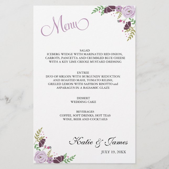 Menu de Casamento Floral | Roxo (Frente)