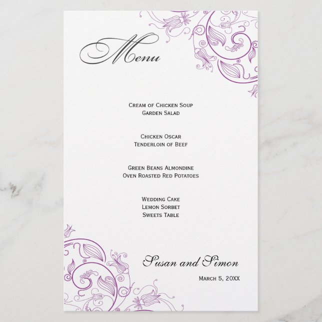 Menu de Casamento Floral Roxo Elegante (Frente)