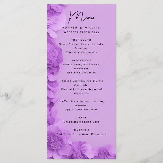 Menu de casamento floral roxo moderno (Frente)