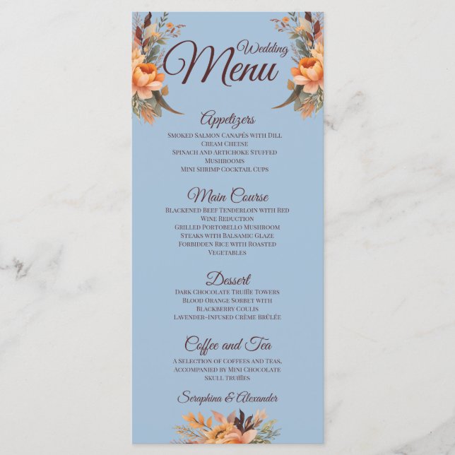 Menu de Casamento Floral Russo de Cores Aquáticas (Frente)