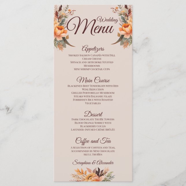 Menu de Casamento Floral Russo de Cores Aquáticas (Frente)