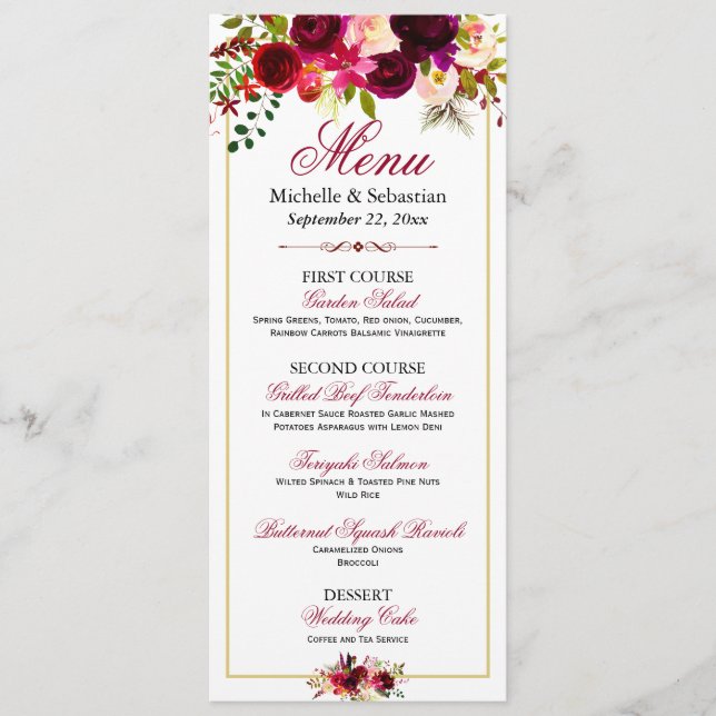 Menu de Casamento Floral Russo de Marsala (Frente)