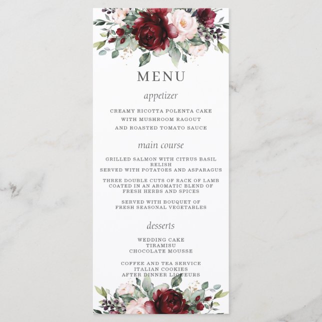 Menu de Casamento Floral Rustic Blush Burgundy Bur (Frente)