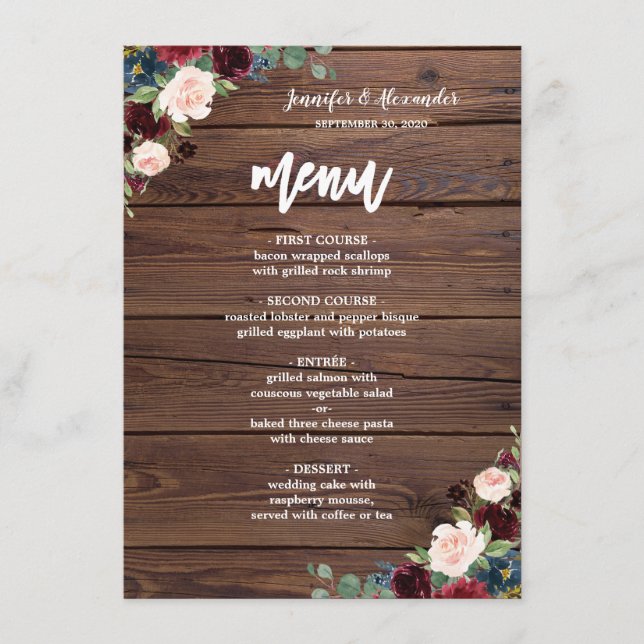 Menu de Casamento Floral Rustic Marsala Burgundy (Frente)