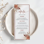 Menu de Casamento Floral Rustic Terracotta Pampas<br><div class="desc">Aprecie seus convidados com nosso Menu de Casamento Floral Rustic Terracotta Pampas Grass, maravilhosamente projetado para complementar seu tema de casamento. Este cartão de menu apresenta elegantes flores de terracota e sotaques de grama de pampas macios, criando uma atmosfera quente e convidativa para sua recepção. Cada curso é cuidadosamente definido...</div>