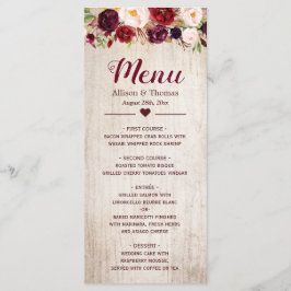 Menu de Casamento Floral Rustic Wood Burgundy Blus