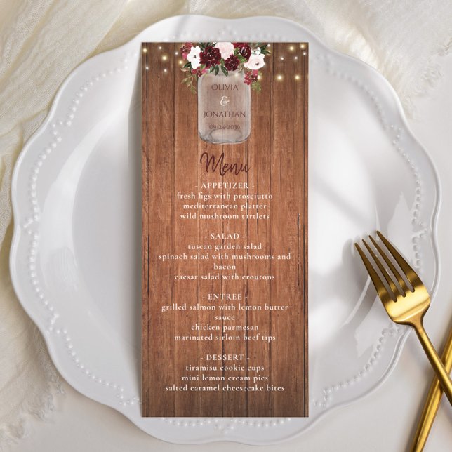 Menu de Casamento Floral Rustic Wood Mason Jar Bur (Criador carregado)