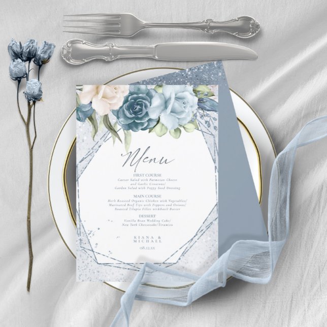 Menu de Casamento Floral Sparkles3 Blue ID889 (Criador carregado)