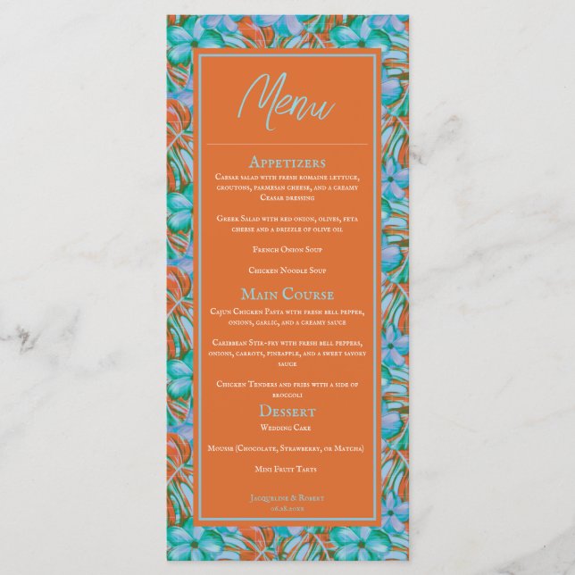 Menu de Casamento Floral Tropical Orange and Blue (Frente)