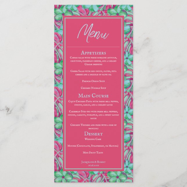 Menu de Casamento Floral Tropical Rosa e Verde (Frente)