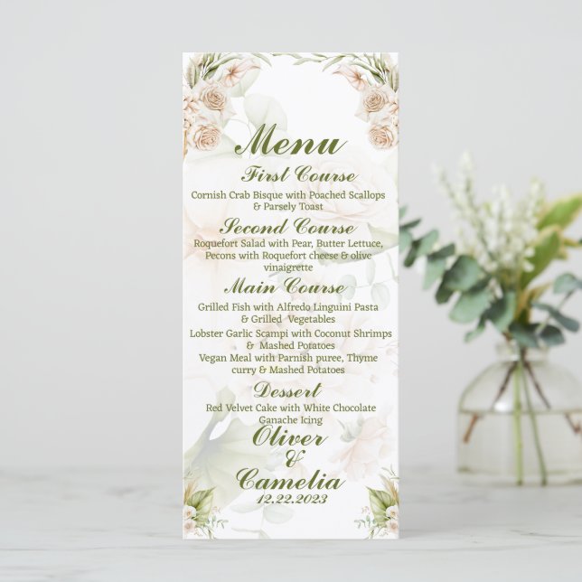 Menu de Casamento Floral Verde e Beige (Em pé/Frente)