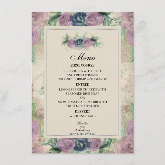 Menu de Casamento Floral Watercolor Rosa (Frente)
