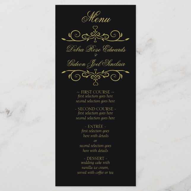 Menu de Casamento Floreado de Coração Dourado e Pr (Frente)