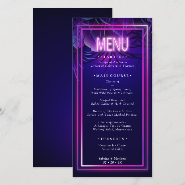 Menu de casamento | Folhagem Tropical Neon (Frente/Verso)