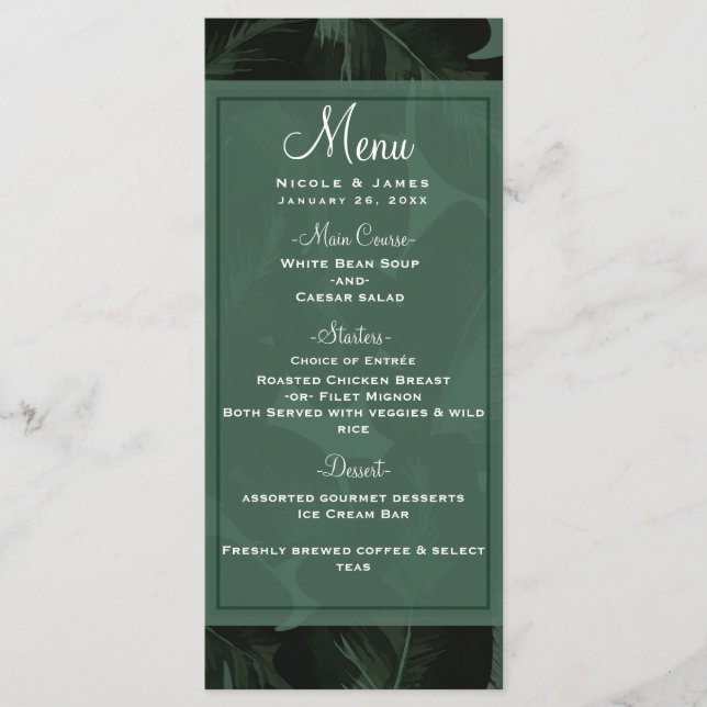 Menu de Casamento Folhas Tropicais Green & Black C (Frente)