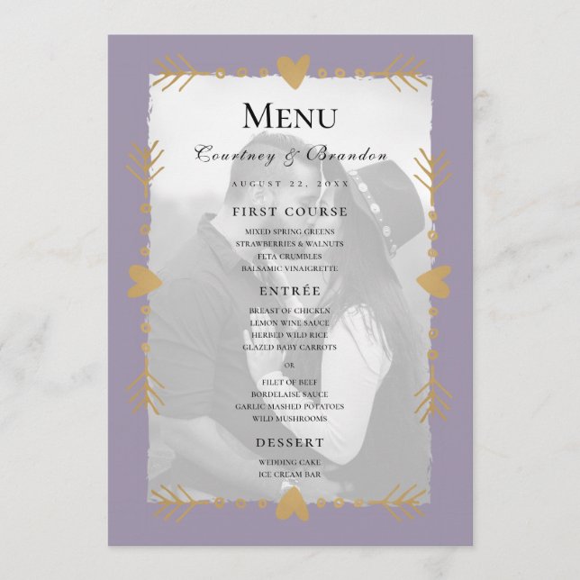 Menu de Casamento Foto Dourada Corações Roxo-Moder (Frente)