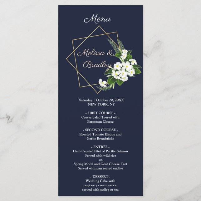 Menu de Casamento Geométrico Azul-Marinho Clássico (Frente)