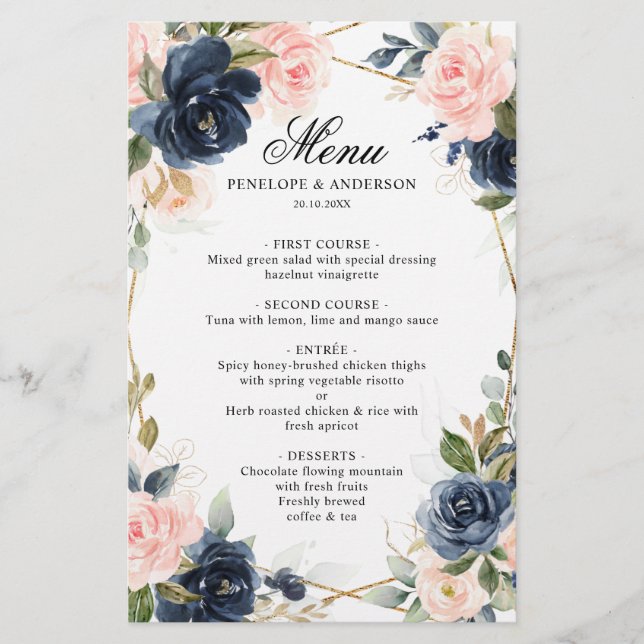 Menu de Casamento Geométrico do Blush Azul com mar (Frente)