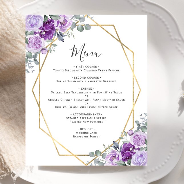 Menu de Casamento Geométrico Dourado Floral Purple (Criador carregado)