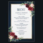 Menu de Casamento Geométrico Floral do Blush Marin<br><div class="desc">O cartão de menu floral de cor d'água geométrica elegante e moderno romântico apresenta um belo burgundy / marsala, cor-de-rosa-pincel, pêssego, rosas de cor d'água azul-marinho com folhagem correspondente no fundo azul-marinho da madeira rústica e estrutura dourada. Perfeito para um casamento no outono/no meio do verão. Por favor, encontre mais...</div>