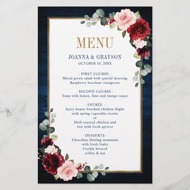 Menu de Casamento Geométrico Floral do Blush Marin (Frente)