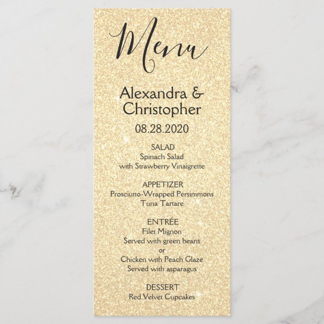 Menu de Casamento Glitter e Sparkle Dourados (Frente)