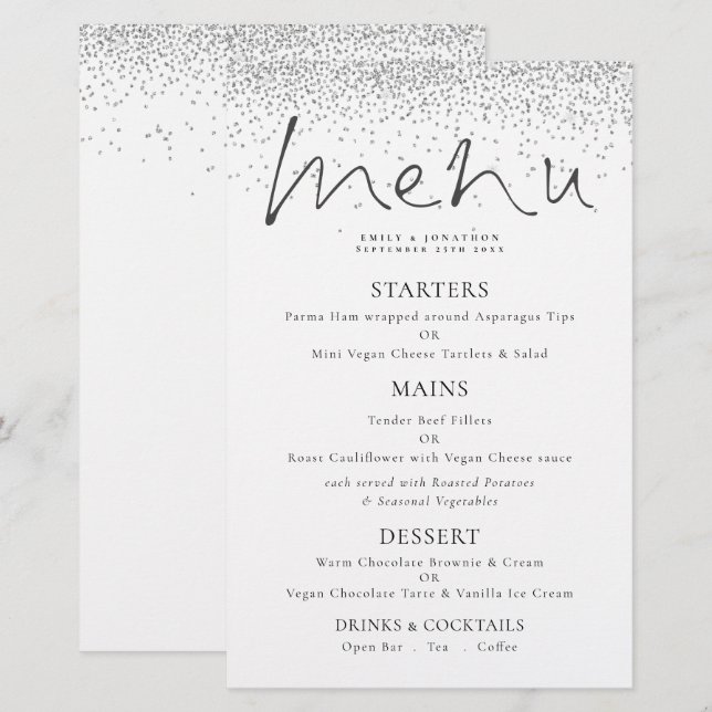 Menu de Casamento Glitter Silver Script Elegante d (Frente/Verso)