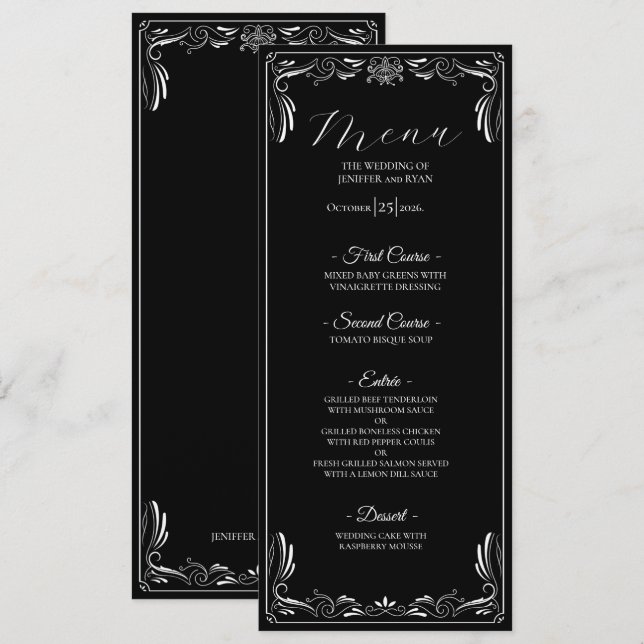 Menu de Casamento Gótico Floral Elegante (Frente/Verso)