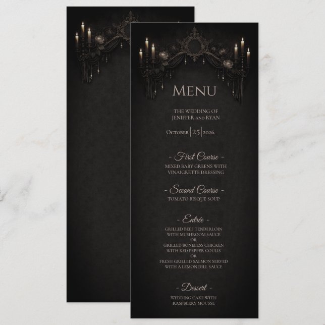 Menu de casamento gótico floral elegante de Hallow (Frente/Verso)