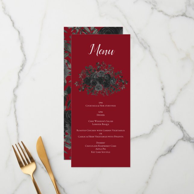 Menu de Casamento Gótico Rosa Vermelho e Negro (Frente/Verso In Situ)