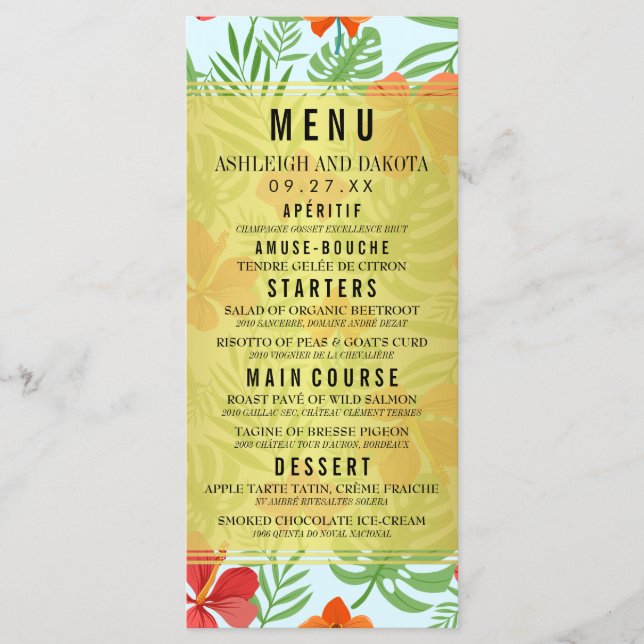 Menu de Casamento Hibiscus e Palm Leaves (Frente)