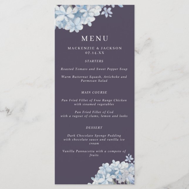 Menu de Casamento Hydrangeas marinho Blue Watercol (Frente)