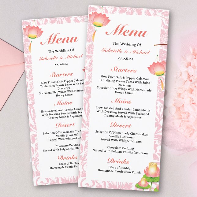 Menu de Casamento Indiano do Lotus Rosa Elegante (Criador carregado)