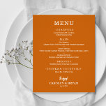 Menu de Casamento Laranja Burnt Simples Elegante d<br><div class="desc">Um cartão de cardápio de janto laranja queimado com barato e valor, com suas escolhas de comida em letras brancas chic, é perfeito para uma recepção de casamento moderna, janto de ensaio de casamento, festa de aniversário ou qualquer evento especial com um janto sentado. Medidas de 4, 5" x 5,...</div>