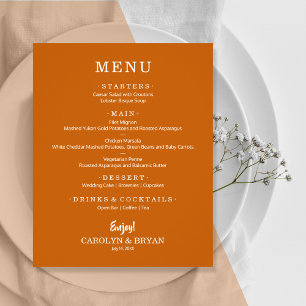 Menu de Casamento Laranja Burnt Simples Elegante d