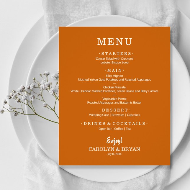 Menu de Casamento Laranja Burnt Simples Elegante d (Criador carregado)