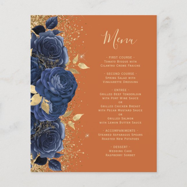 Menu de Casamento Laranja Dourado Floral Burnt Bur (Frente)