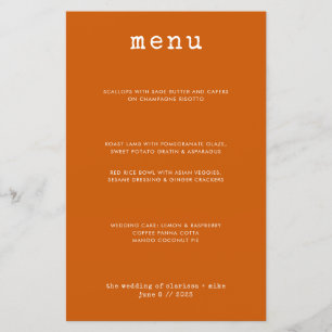 Menu de Casamento Laranja Moderno Mínimo Brilhant