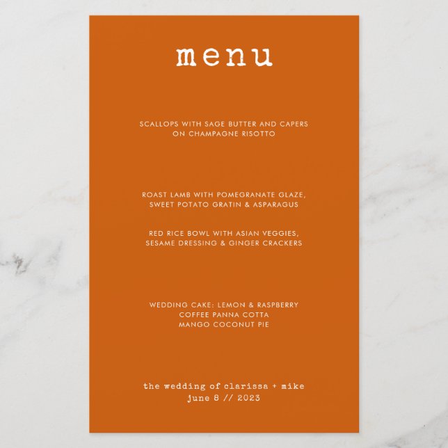 Menu de Casamento Laranja Moderno Mínimo Brilhante (Frente)