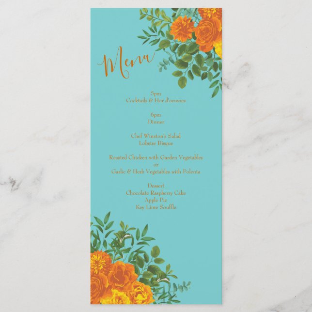 Menu de Casamento Laranja & Teal Aqua Peony & Rosa (Frente)