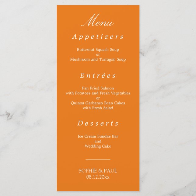 Menu de Casamento Laranja Vibrante (Frente)