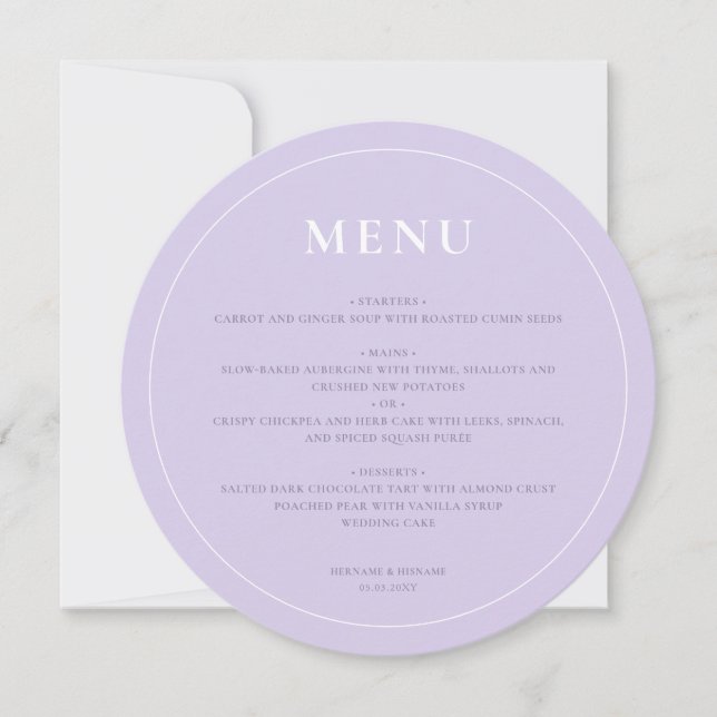 Menu de Casamento Lilac da Lavanda Simples Arredon (Frente)