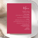 Menu de Casamento Magenta do Script Moderno de Orç<br><div class="desc">Este simples menu de casamento moderno mostra um texto branco sobre um fundo magenta. A palavra "Menu" aparece na caligrafia na moda. Adicione o nome do casal e a data do casamento em script e itálico, juntamente com os detalhes do menu na fonte sans serif. O reverso é uma sombra...</div>